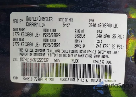 2007 Dodge Ram 1500 Slt/Trx4 Off Road/Sport из США, поврежденный, VIN 1D7HU18N37S223537